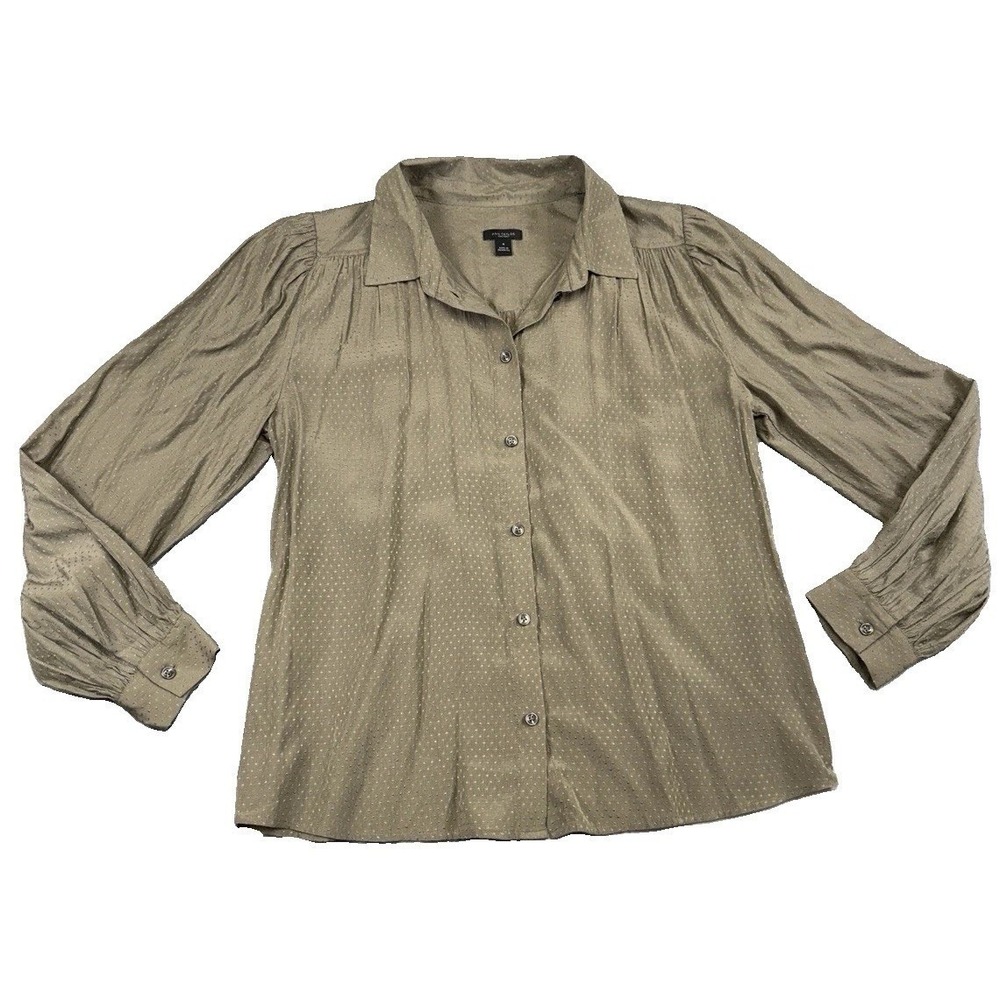 Ann Taylor Textured Clip Dot Taupe Green Brown Button Blouse Sz M Preppy Office
